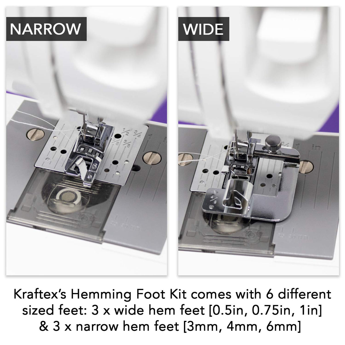 Rolled Hem Presser Foot [6 Sizes] Wide Rolled Hem Foot Set & Narrow Foot Hemmer Set For Brother, Singer & Janome Low Shank Sewing Machines. Hemming Pressure Feet With Distinctive Wide and Narrow Sizes