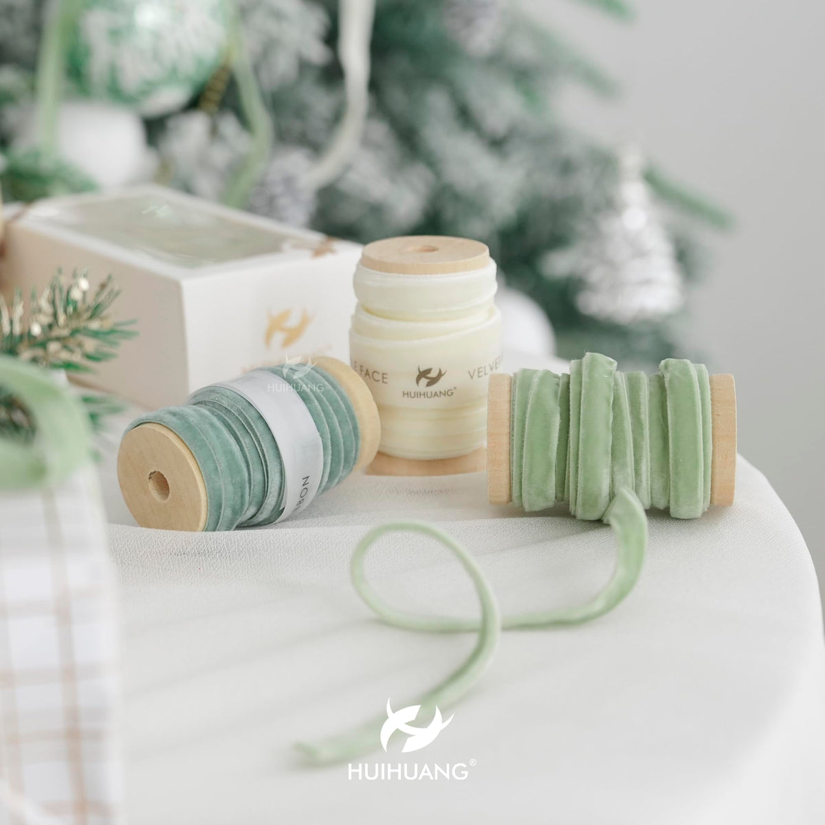 Velvet Ribbon 3/8 inch Double Face Dusty Green/Sage Green/Ivory Velvet Ribbon Set for Gift Wrapping, Christmas Tree Ornaments, Wreath Decor, Invitations, Fall Decor- 15 Yards/Set