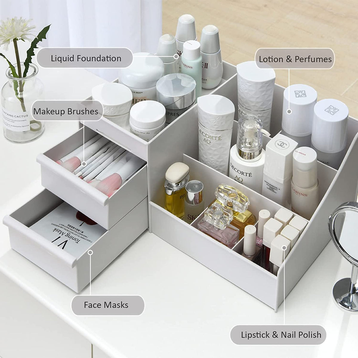 skin care organizer,Makeup Desk Organizer With Drawers,Countertop Organizer for Cosmetics,Vanity brush with Holder for Lipstick, Brushes, Eyeshadow, and Jewelry Desktop Finishing Dresser (White)