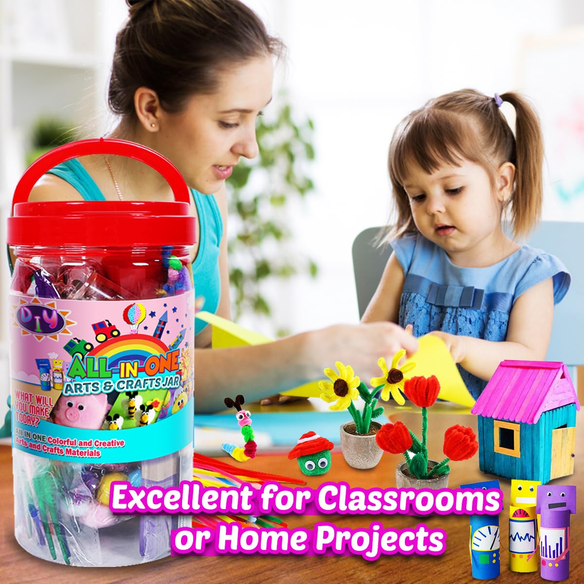 FUNZBO Arts and Crafts Supplies - Christmas Gifts for Kids, Girls, Crafts for Girls 4, 5, 6, 7, 8, 9 Years Old with Glitter Glue Stick, Pipe Cleaners Craft & Craft Tools, School Learning Activities