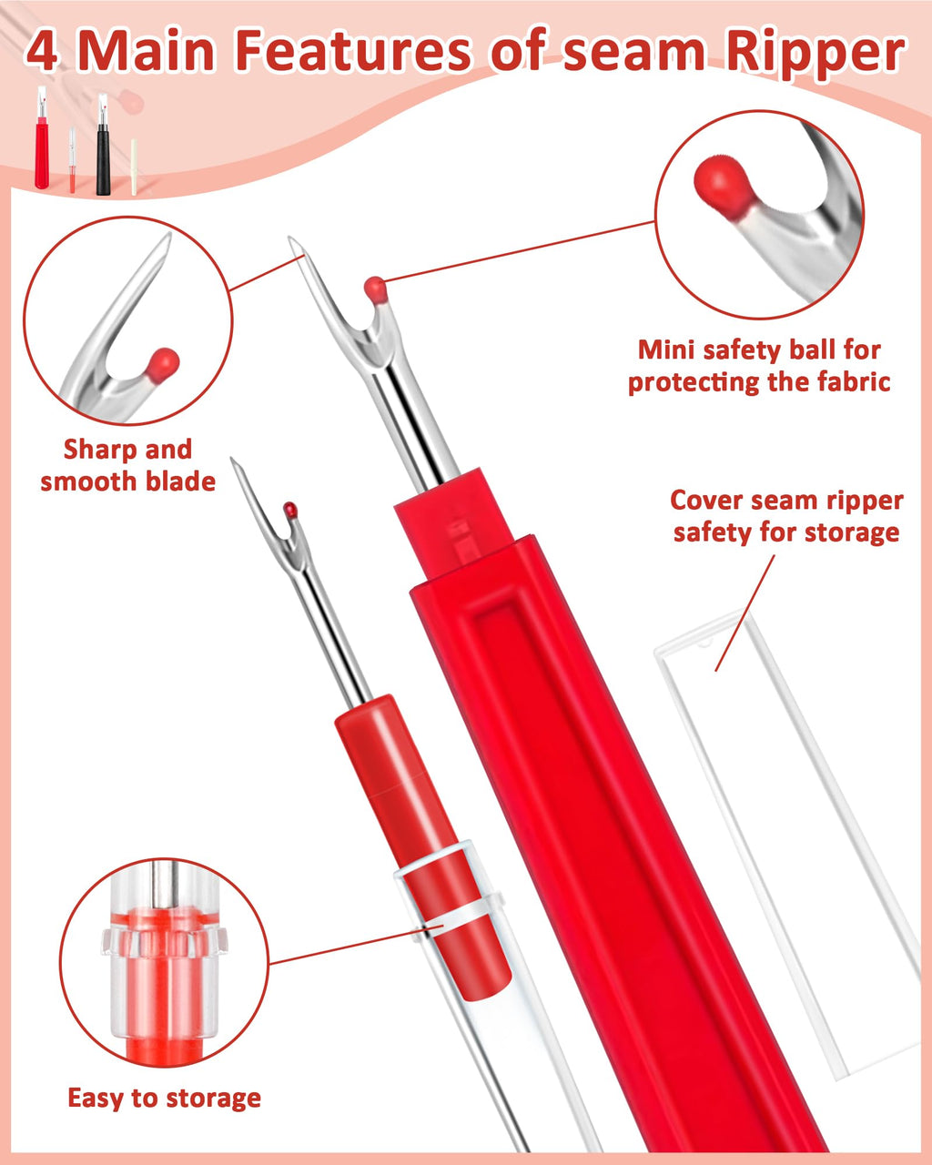 FIVEIZERO Seam Rippers for Sewing – 2 Big and 2 Small Stitch Remover Tools, Thread Ripper, Embroidery Removal Tool with Thread Snips