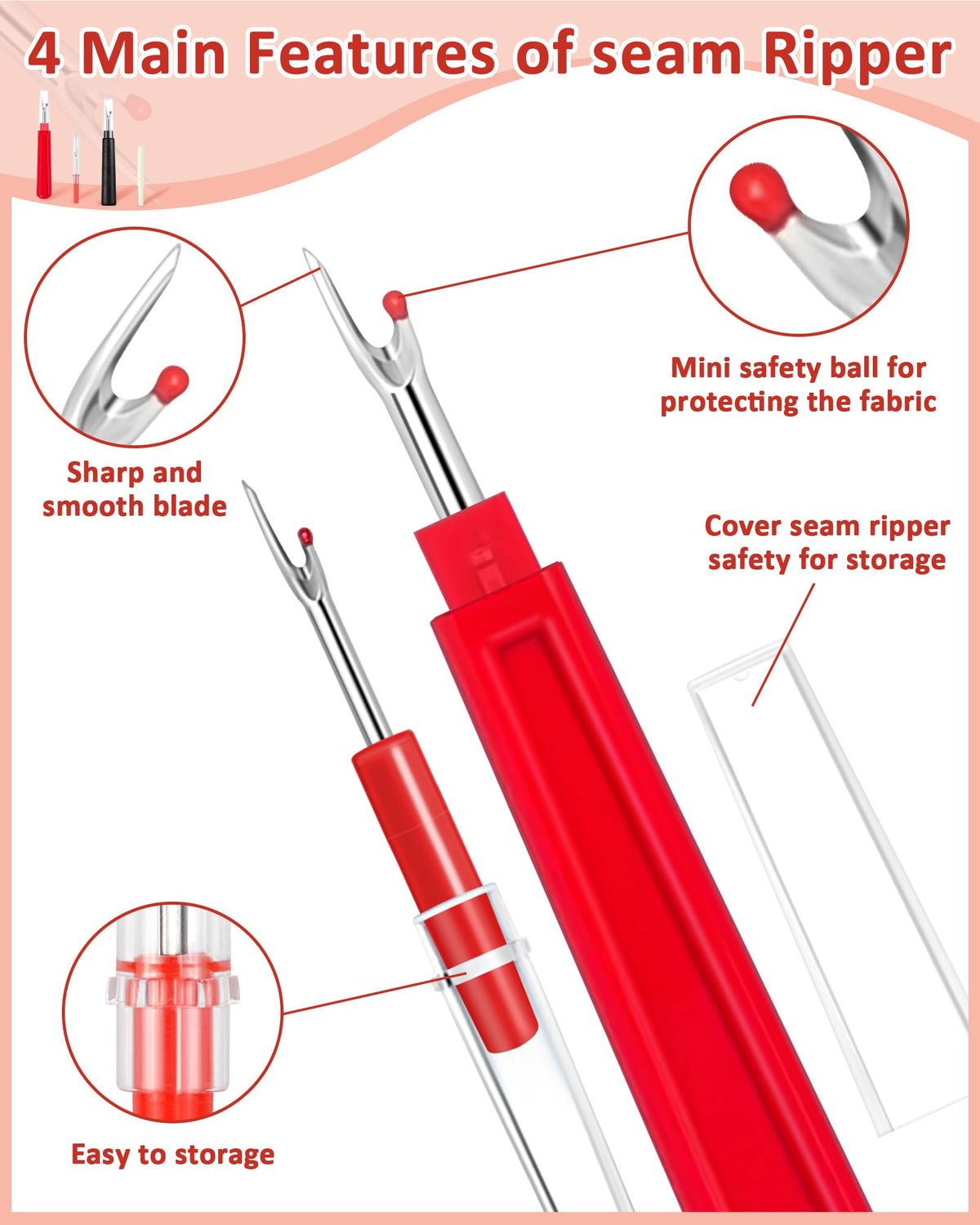 FIVEIZERO Seam Rippers for Sewing – 2 Big and 2 Small Stitch Remover Tools, Thread Ripper, Embroidery Removal Tool with Thread Snips