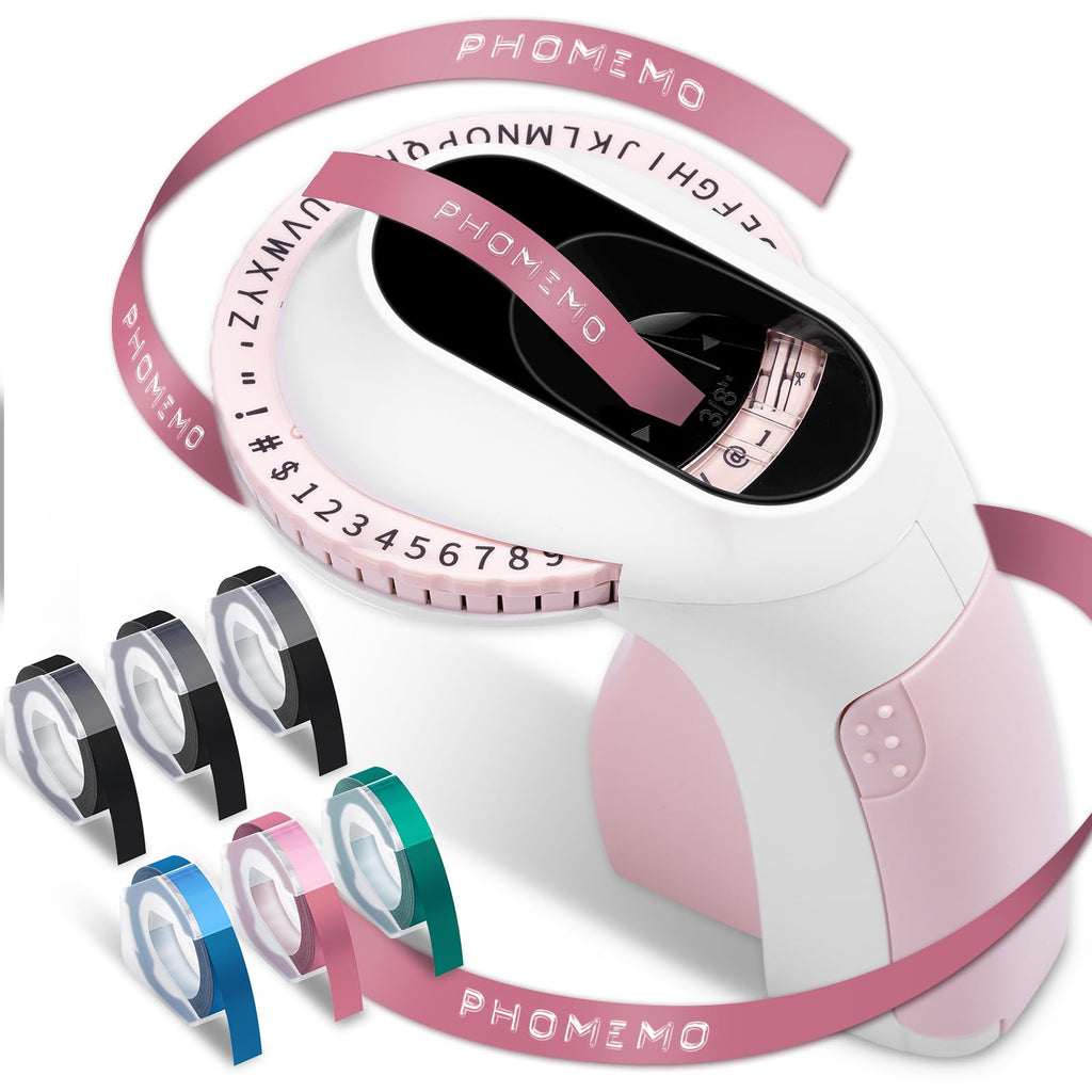 Phomemo E975 Embossing Label Maker Machine with 6 Tapes, 3D Vintage Embossed Label Maker Writer, Handheld Old School Label Maker with 6 Rolls Embossing Tapes for Office Home Organization and DIY -Pink