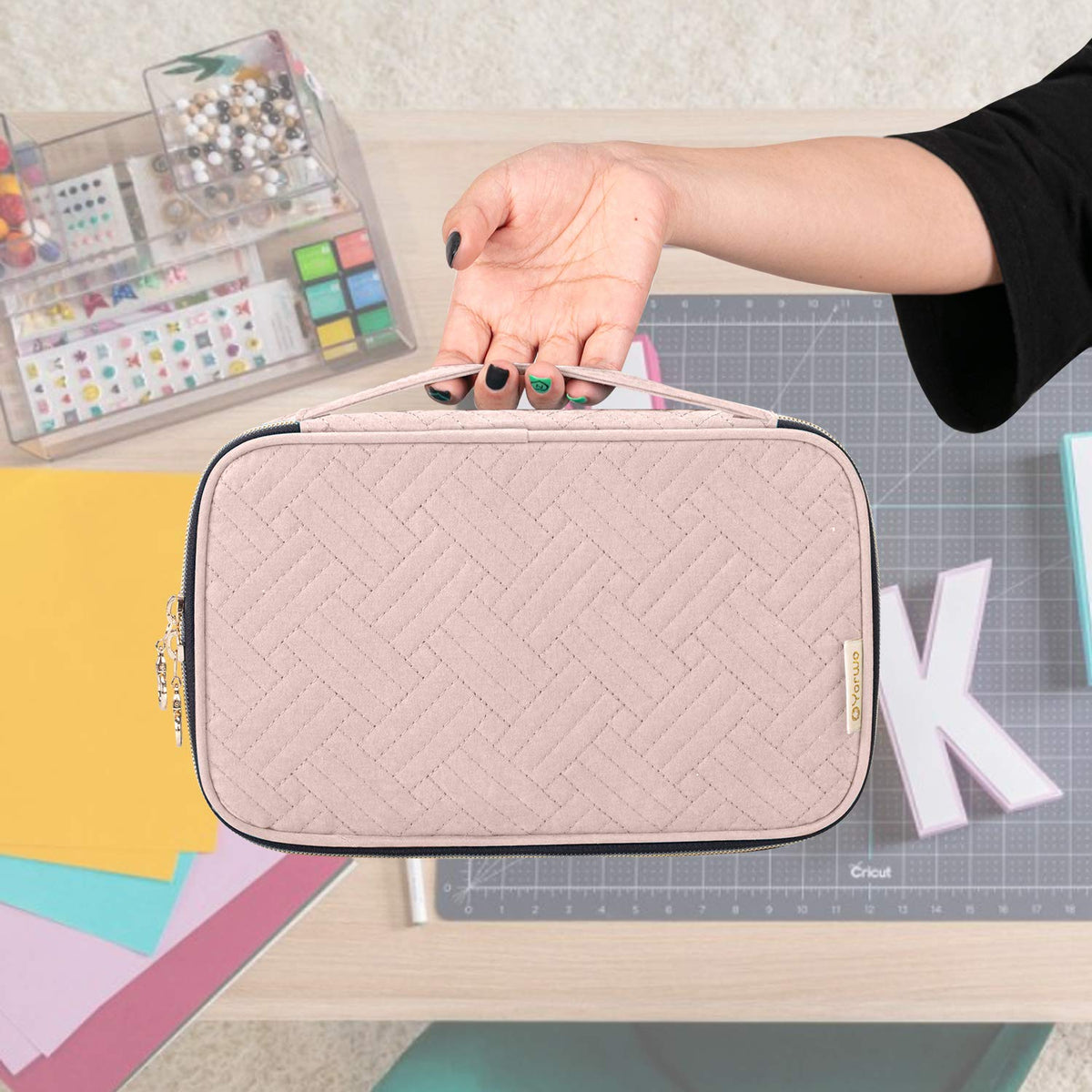 Yarwo Carrying Case Compatible with Cricut Tools Set, Accessories Organizer Bag for Craft Pens and Basic Tools, Dusty Rose (PATENTED DESIGN)