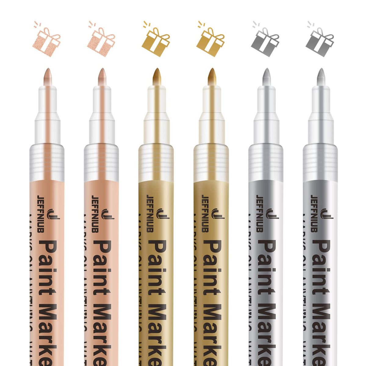JEFFNIUB Gold Paint Pens with Silver, Rose Gold Acrylic Paint Pens for Rock Painting, Wood, Fabric, Glass, Canvas, Scrapbooking, Card DIY Metallic Acrylic Marker (0.7mm)