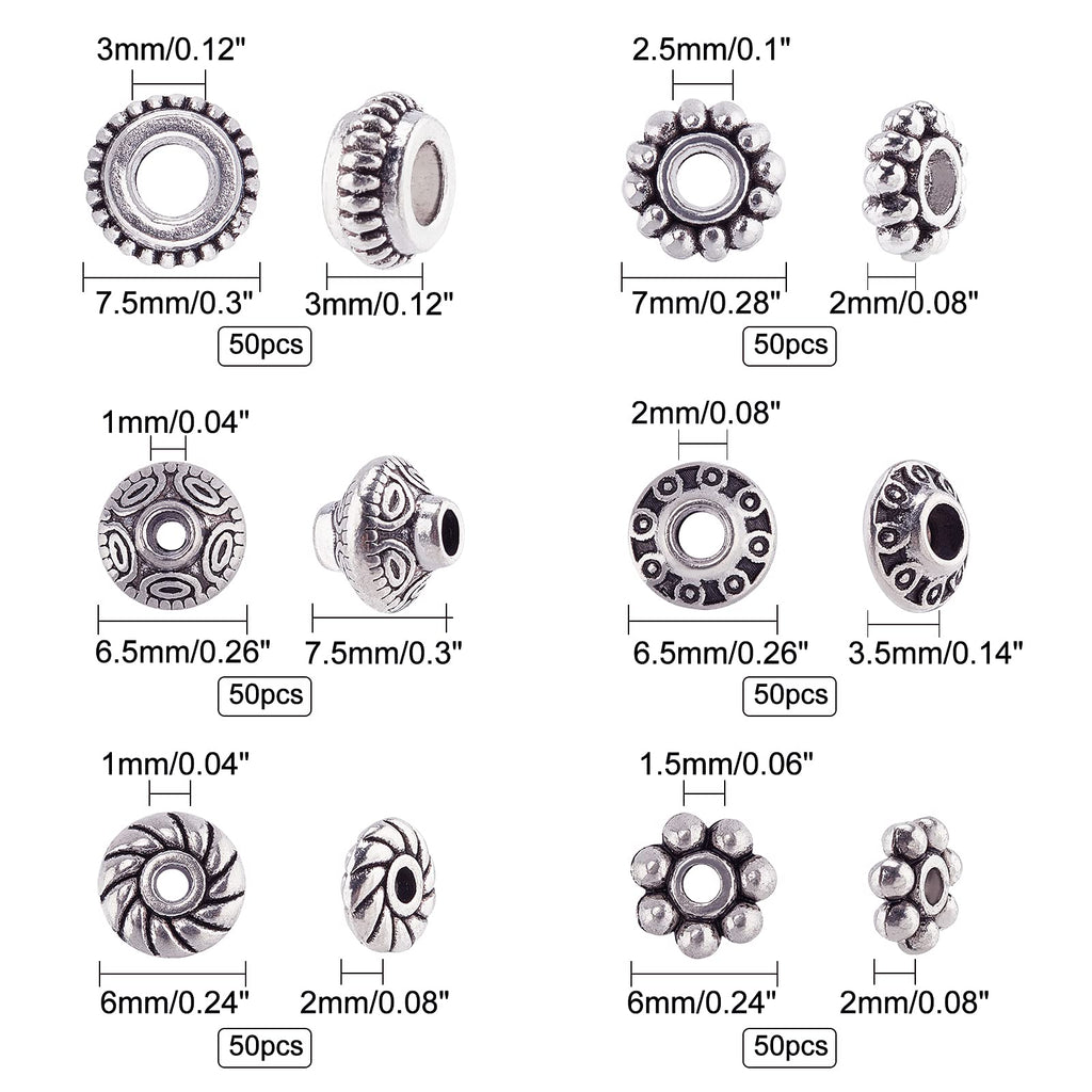 PH PandaHall 300pcs 6 Style Antique Silver Spacer Beads, Tibetan Metal Alloy Tube Spacers Flower Flat Rondelle Small Loose Beads for Bracelet Necklace Earring Jewelry Making Supplies