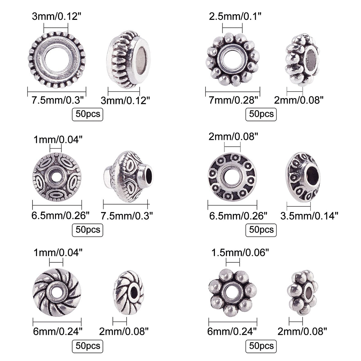 PH PandaHall 300pcs 6 Style Antique Silver Spacer Beads, Tibetan Metal Alloy Tube Spacers Flower Flat Rondelle Small Loose Beads for Bracelet Necklace Earring Jewelry Making Supplies