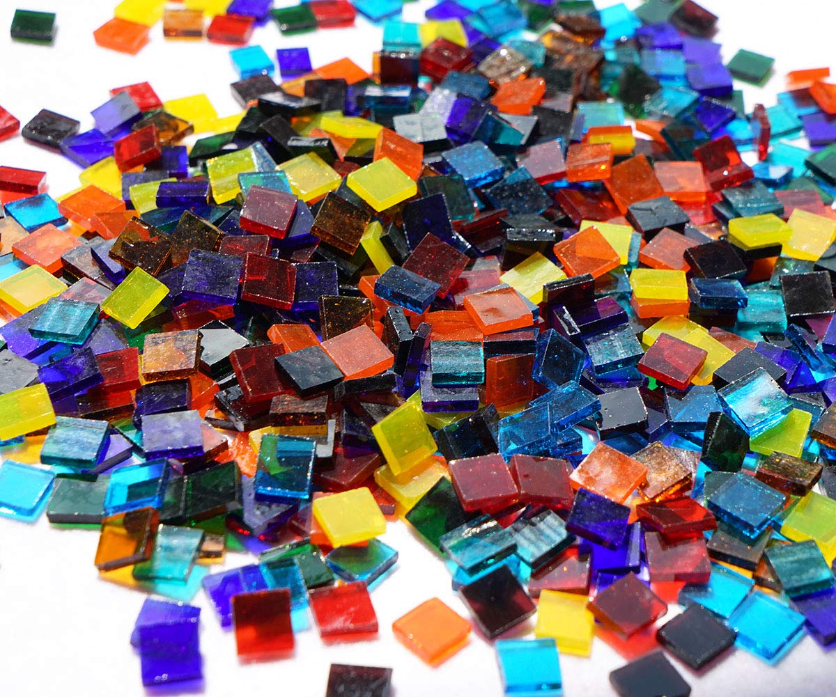 Lanyani Transparent Square Glass Mosaic Tiles Pieces Stained Glass for Crafts, Mixed colors and Patterns, 500g/1.1lb