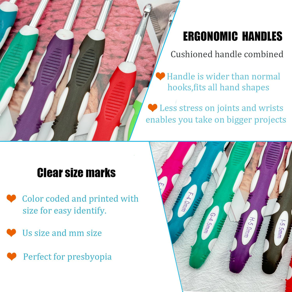 Weabetfu 13 Size Crochet Hook Set,2mm(B)-10mm(N) Ergonomic Crochet Hooks with Case,Extra Long for Arthric Hands,Soft Grip Crochet Hooks Needles for Beginners&Gift