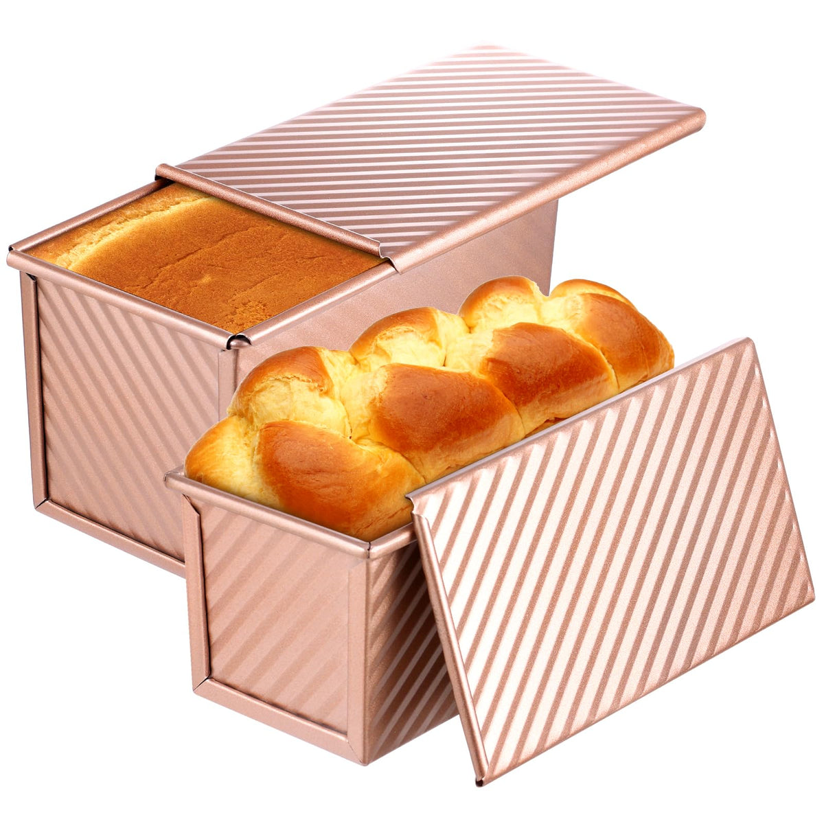 MOJIEZUO 2PCS Pullman Loaf Pan with Lid, 1 lb & 0.5 lb Dough Capacity Non-Stick Bakeware for Baking Bread, Carbon Steel Corrugated Bread Toast Box with Cover for Homemade Sandwich Bread, Rose Gold