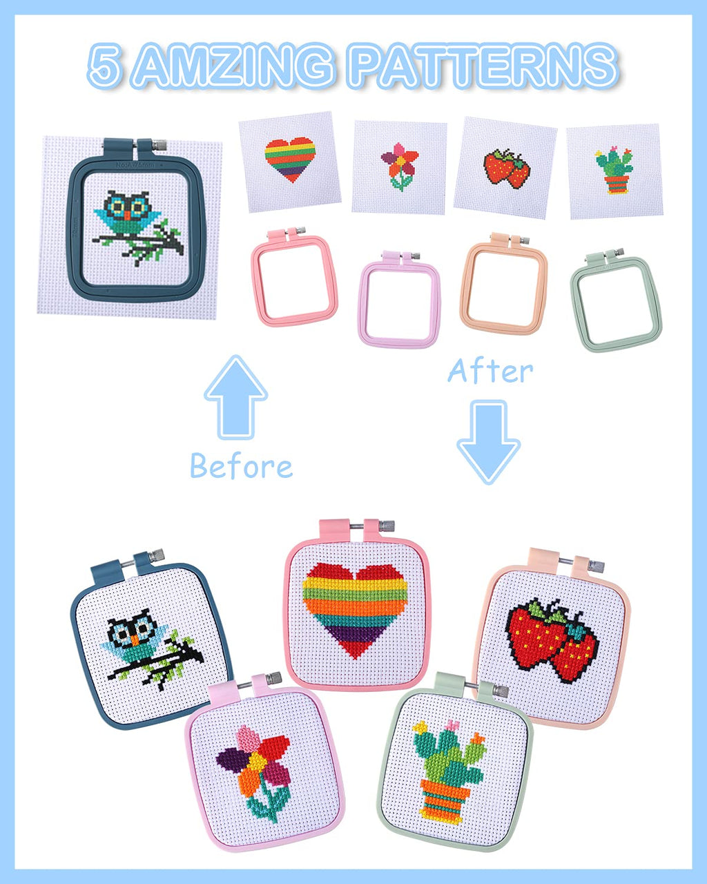 5PCS Cross Stitch Kits for Beginners for Kids 7-13, Includes 5 Project Patterned and 5pcs Square Embroidery Hoops, 11 Skeins, Needle Point Starter Kit Sewing Set with Instructions