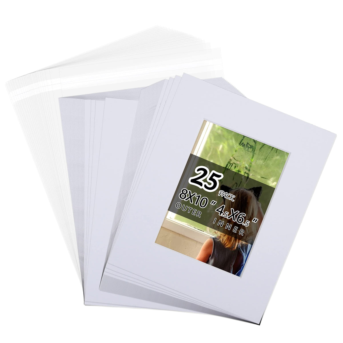 Acid Free 8x10 Pre-Cut Picture Mat Board Kit for 5x7 Photo, Includes 25 White Core Bevel Cut Mattes, 25 Backing Boards, 25 Crystal Clear Bags