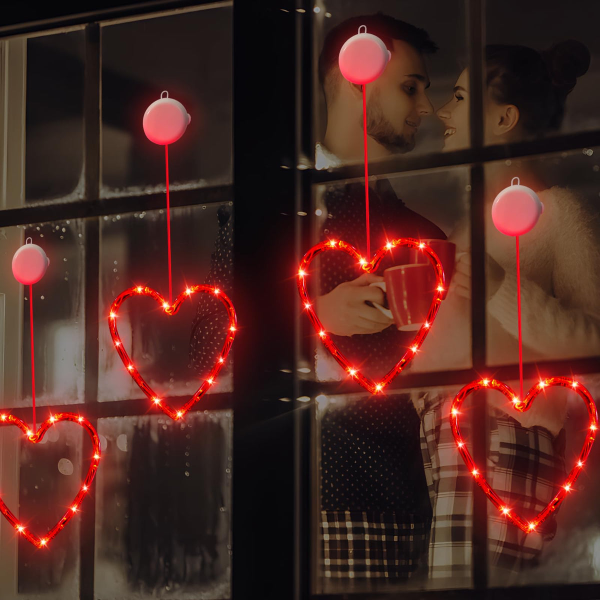 3 Pack Valentines Day Window Lights Decorations with Timer, Battery Powered Hanging Red Lighted Heart Shaped Silhouette Sucker LED Lamp for Fireplace Indoor Home Decor