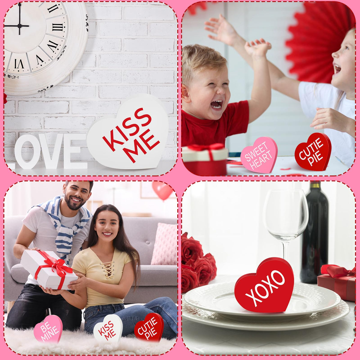 6 Pcs Valentines Day Decorations Small Heart Wood Signs Table Decor Love Candy Table Blocks Centerpiece Tiered Tray Decor for Home Office Mantel Shelf Gift