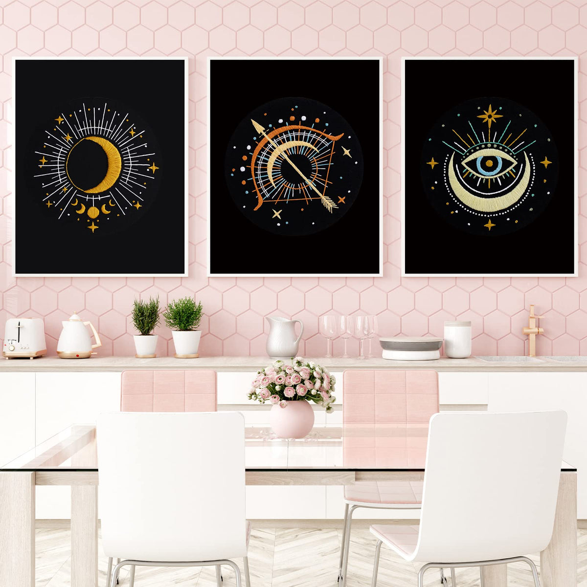 Louise Maelys 3 Set Tarot Moon Embroidery Kits for Beginners with Evil Eye Pattern,Adults Starter Cross Stitch Kit DIY Needlepoint