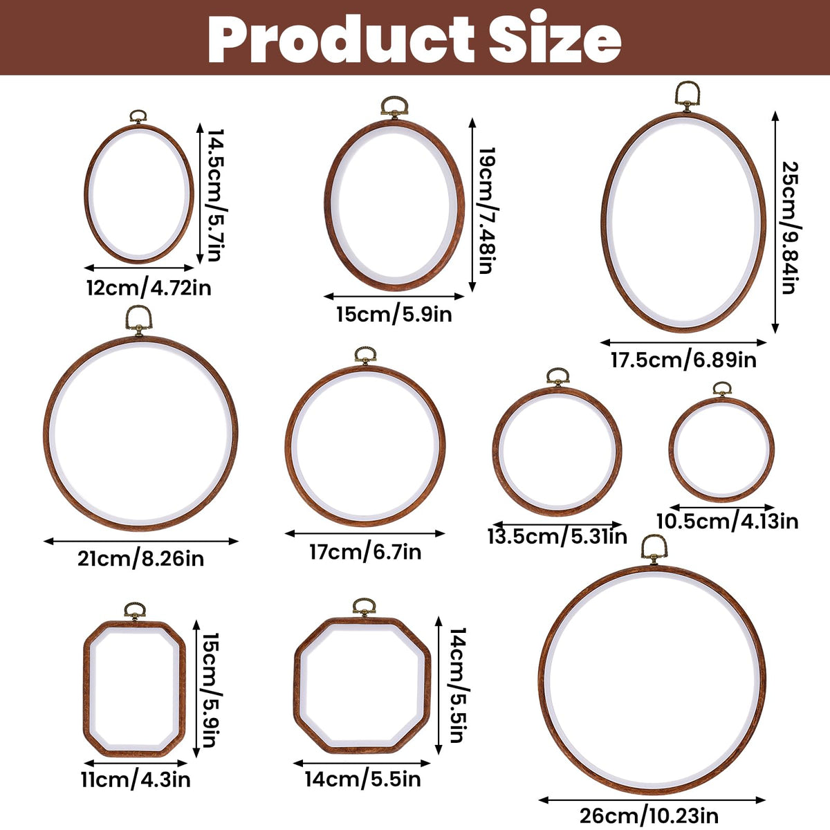 10 Pcs Large Embroidery Hoop Frame, Decorative Imitated Wood Embroidery Hoops, Circle Oval Octagonal Cross Stitch Hoop, Display Frame for Art Craft DIY Sewing Hanging Ornaments Decor