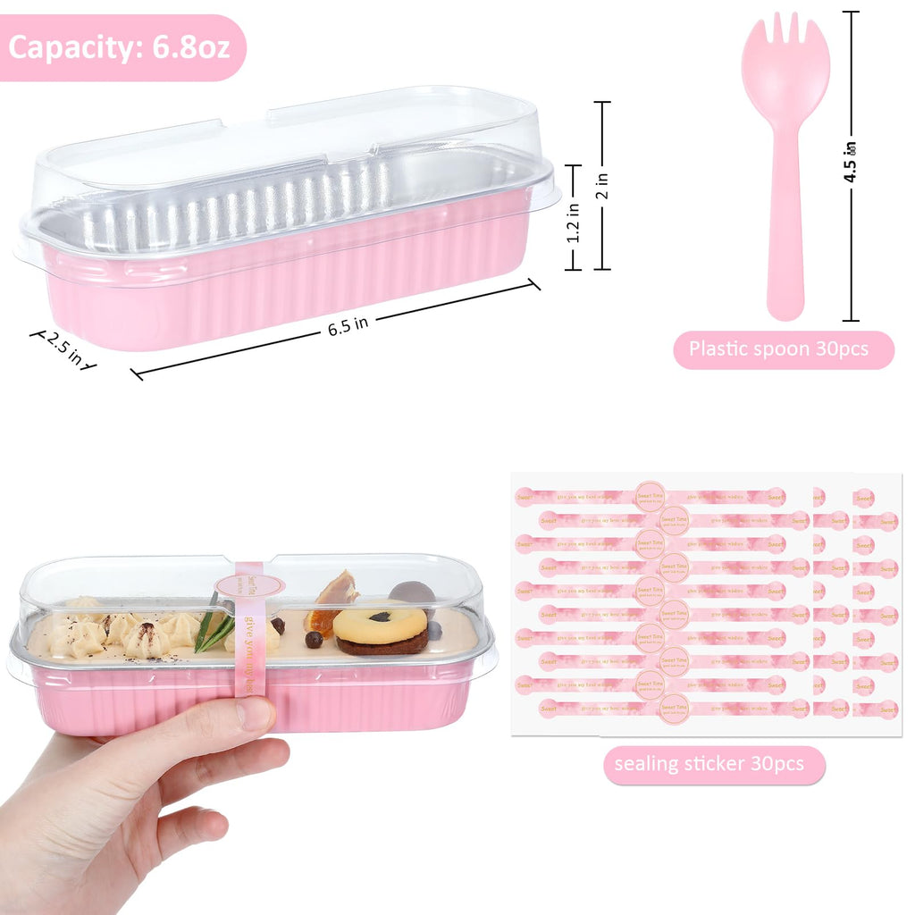 JuneHeart Mini Loaf Pans with Lids and Spoons, 30 Pack, Pink, 6.8oz, Rectangular Aluminum Foil Baking Pans