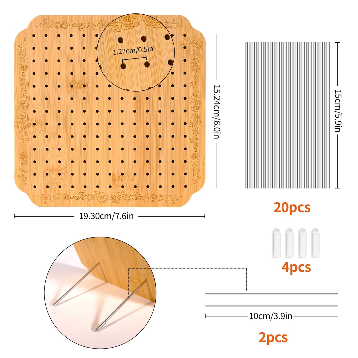 7.6 in Blocking Boards for Crochet Projects with Rose Pattern, Crochet Blocking Board with Pegs, Granny Square Blocking Board with 20 Stainless Steel Pegs, Bamboo