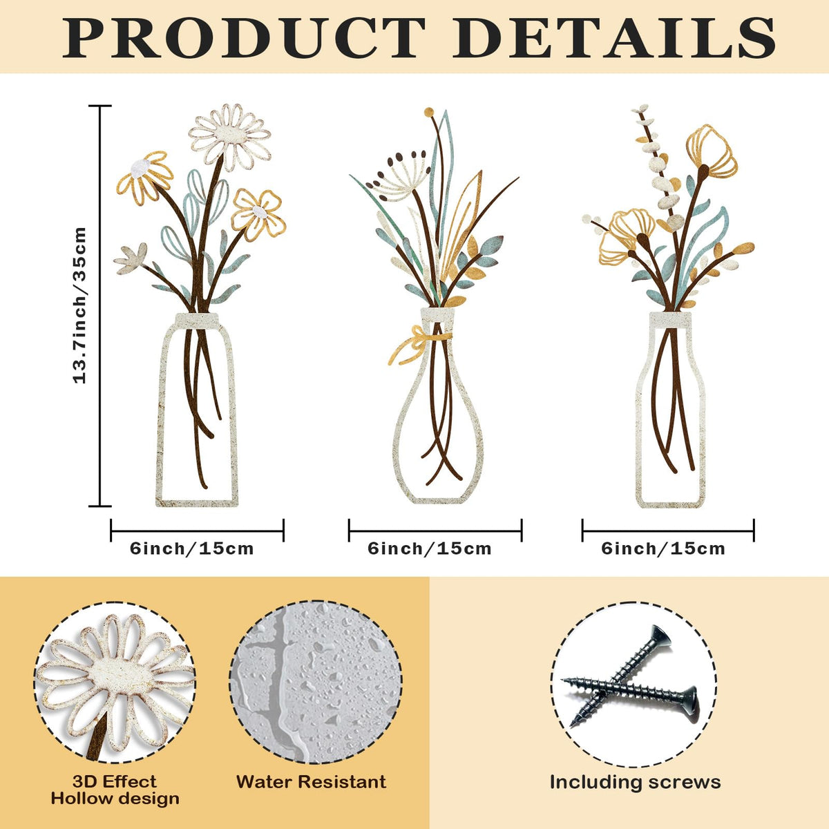 3 Pieces Metal Flowers Wall Arts - Rustic Farmhouse Decor Beige Minimalist Flower Wall Decors for Living room Bathroom Bedroom Dining Room-Housewarming Gifts (Beige, Vase-C)
