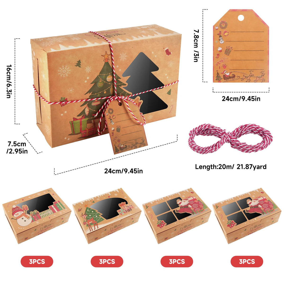 12 Pack Christmas Cookie Boxes for G-ift Giving,Holiday Bakery Cupcake Boxes with Window,Christmas Eve Pastry Boxes with Ribbons and Tags for Xmas Party Supplies Cookie Containers Treat Tins