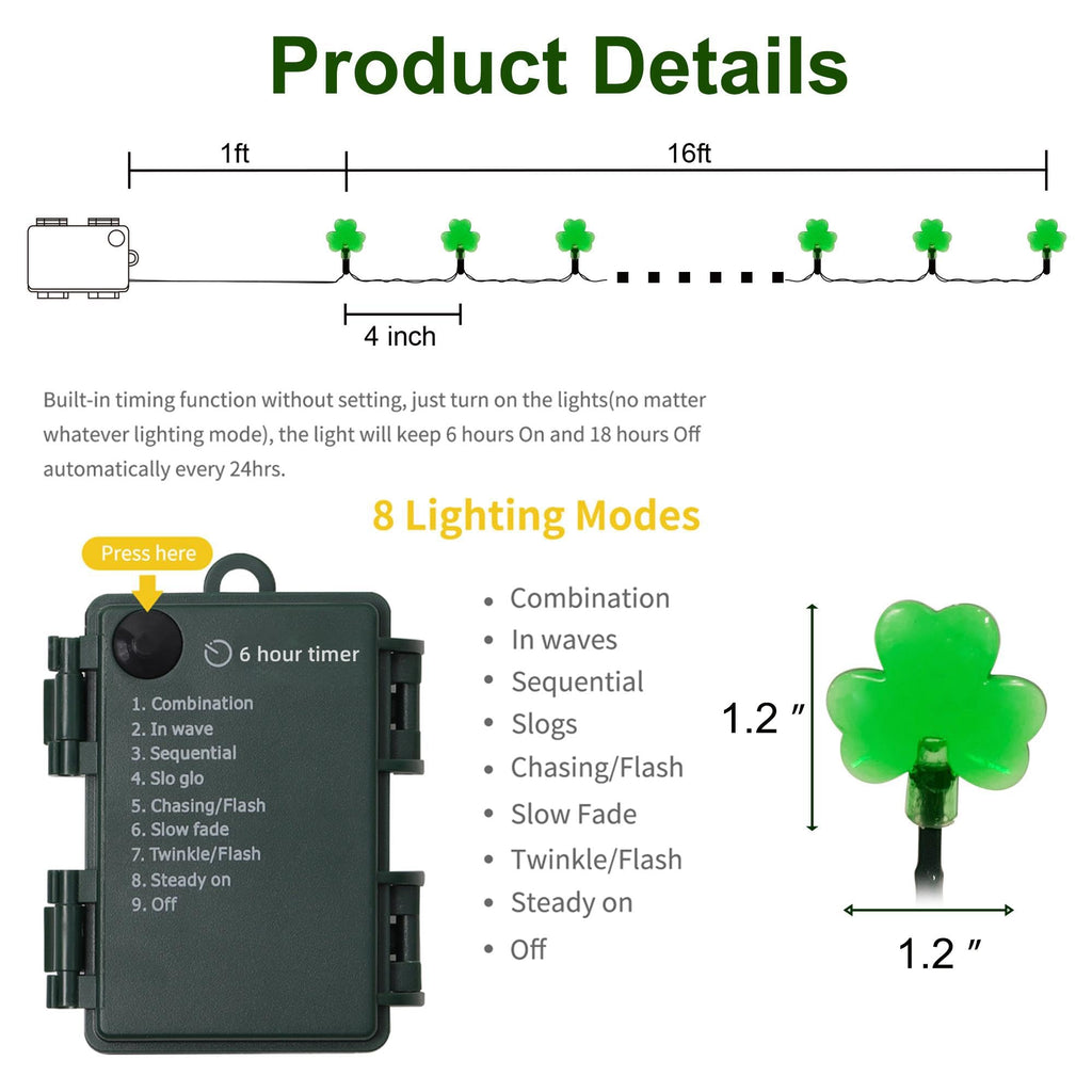 St. Patricks Day String Lights Outdoor, 50 LED 16 FT Shamrocks Decorative Green Leaf Lights Battery Operated, 8 Lighting Modes & Timer, Waterproof for Home Garden Party Decoration, 1 Pack