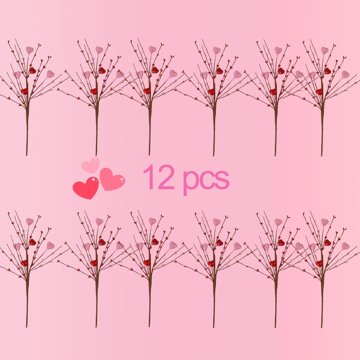 Valentine's Day Picks, 12 Pieces Artificial Pink Heart Shaped Berry Branches, 17.7 Inch Valentine's Day Heart Picks for Valentines Day Party, Wedding, Anniversary Table Decoration