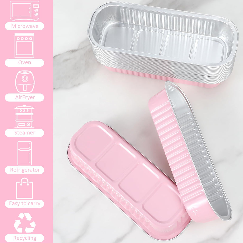 JuneHeart Mini Loaf Pans with Lids and Spoons, 30 Pack, Pink, 6.8oz, Rectangular Aluminum Foil Baking Pans