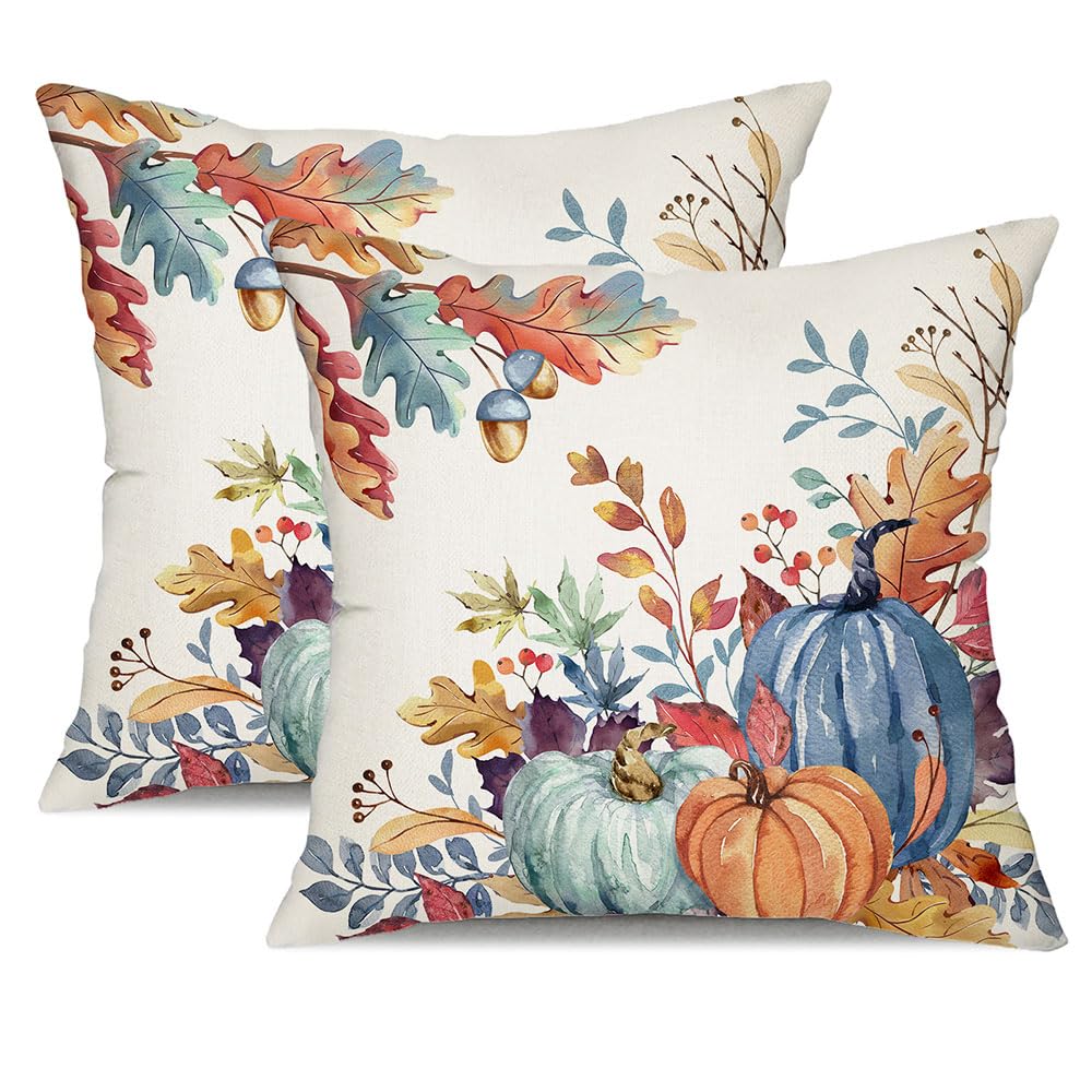 DFXSZ Fall Pillow Covers 18x18 inch Set of 2 Blue and Green Watercolor Pumpkin Fallen Leaves Decorative Throw Pillow Covers Autumn Thanksgiving Farmhouse Decoration for Home Couch TH27-E18