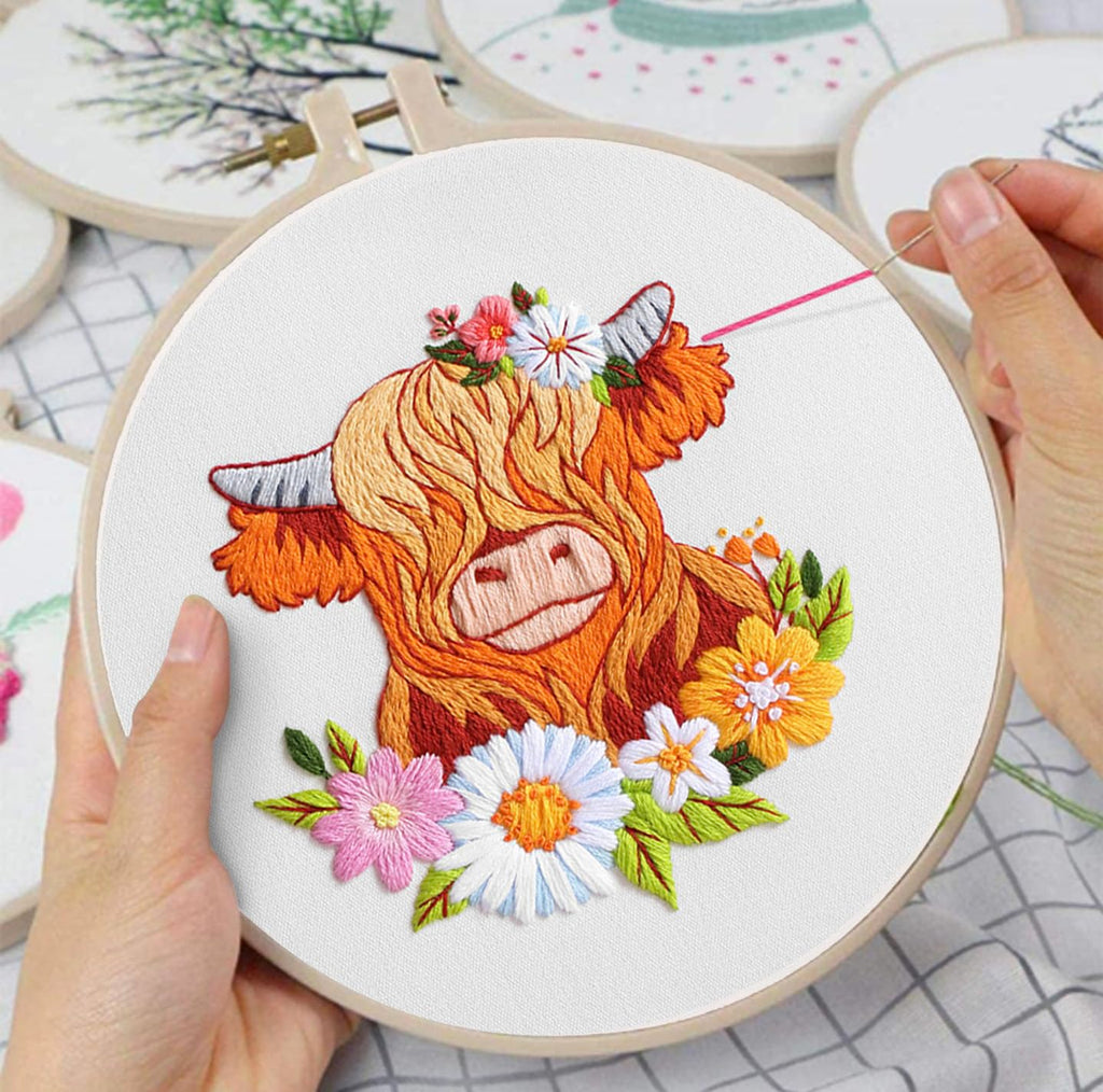 Louise Maelys Highland Cow Embroidery Kits for Beginners,Cross Stitch Kit for Adults,DIY Needlepoint for Starters Including Cloth Hoop Needles Instruction and Threads