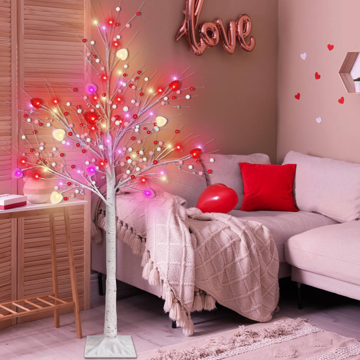 Valentines Day Decor, 4 FT Prelit Lighted Valentines Tree with 3D Hearts&Berries Ornaments 48 Led Red Pink Lights, Outdoor Waterproof Artificial Birches Tree for Valentines Day Decorations Indoor Home