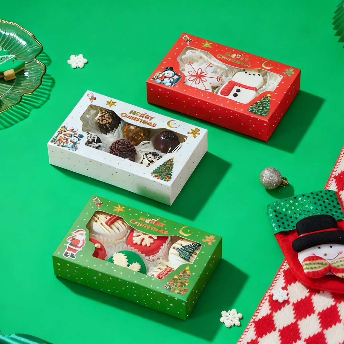 24PCS 7x4.3x1.5Inch Christmas Cookie Gift Boxes (3 Patterns&Clear Window) – Ideal for Cookie, Strawberry, Macaron, Ores; Treat Boxes for Party, Wedding, Birthday, Christmas Gift-Giving