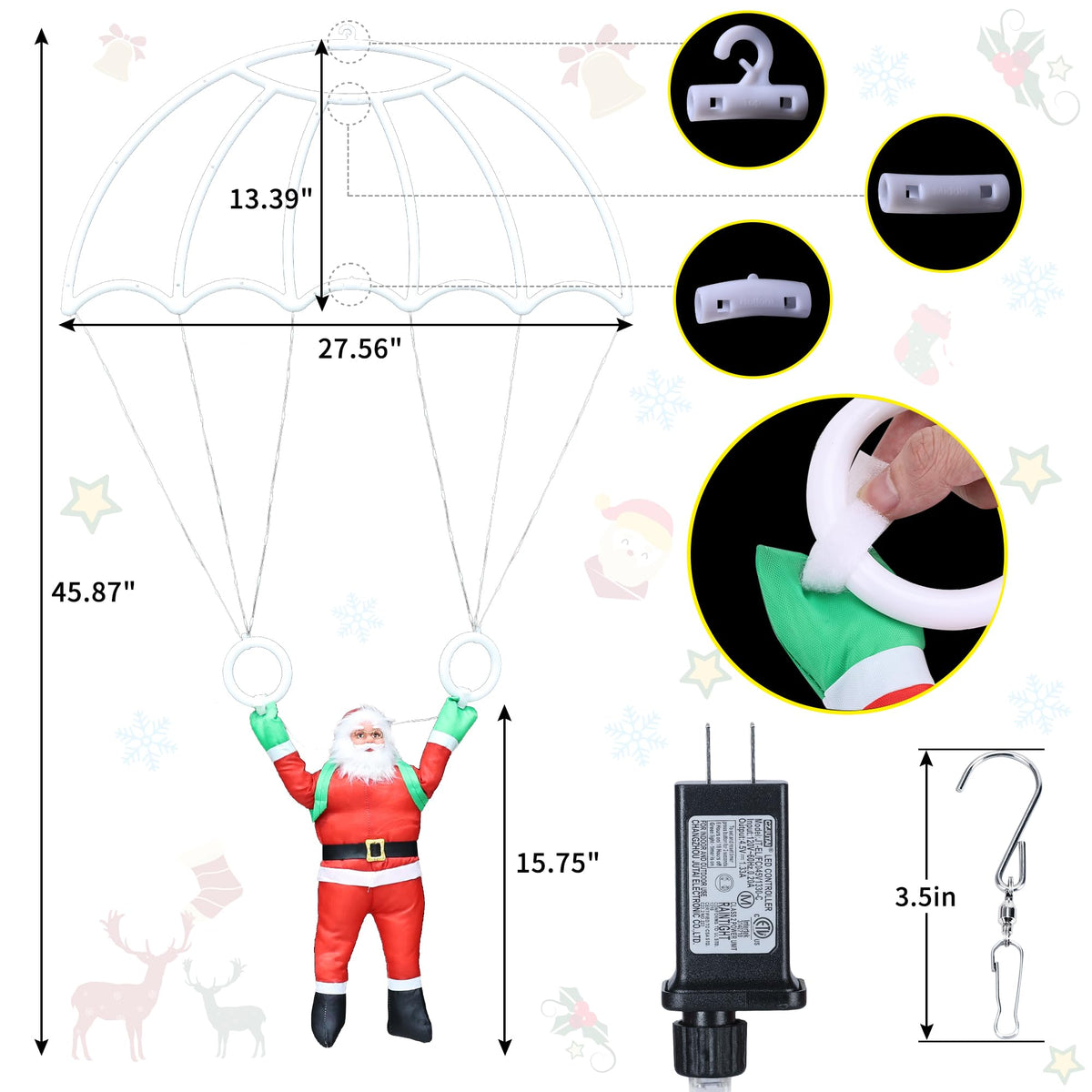 Christmas Decorations Lights Outdoor, 2.8FT Christmas Parachute Lights with Santa Claus, Waterproof 8 Modes Hanging Multicolor Xmas Light - Holiday Decorative Light for Indoor Eave Roof