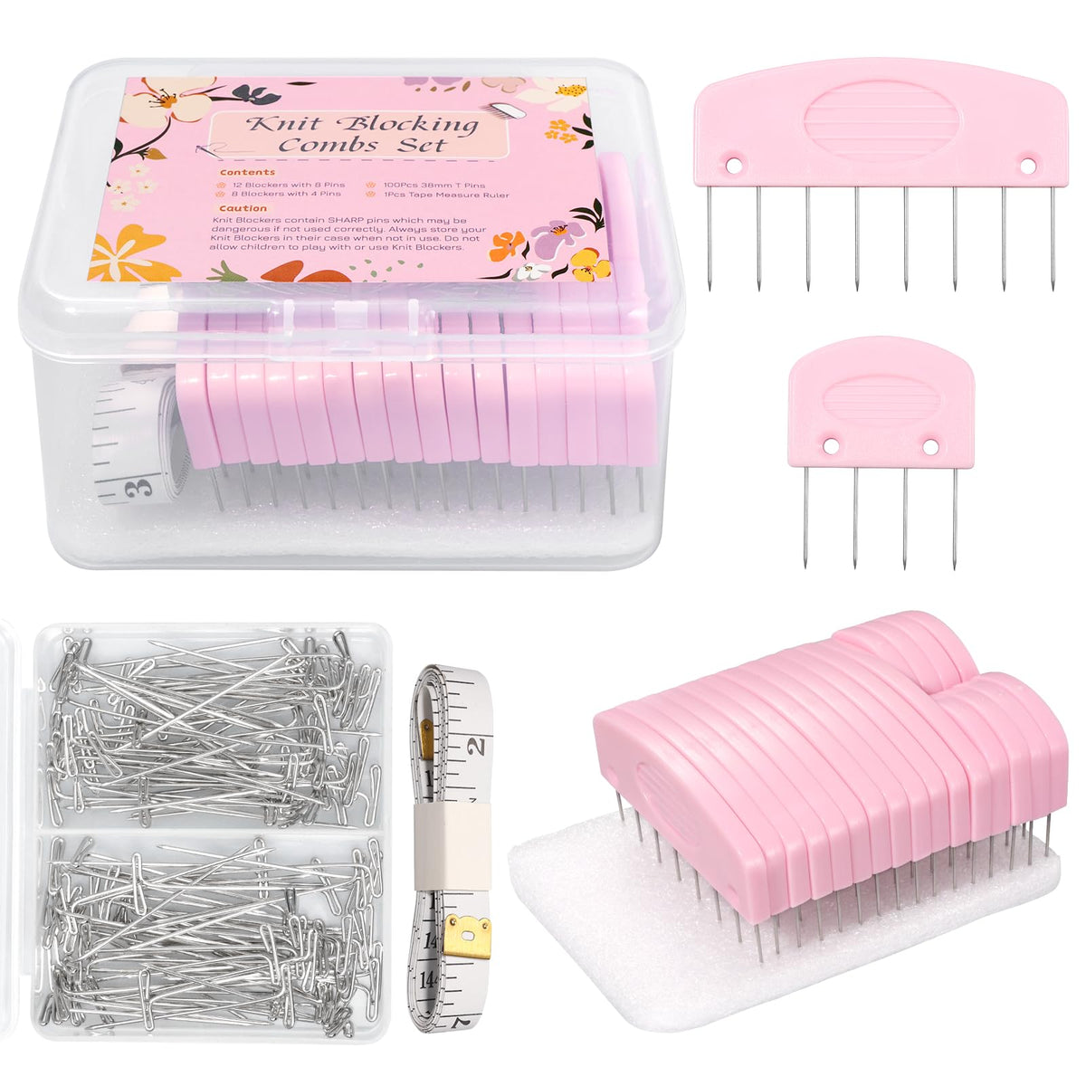 120 Pcs Knit Blocking Combs Pins Kit, 20Pcs Pink Color Knit Blockers Pins Kit, 100 T-pins for Blocking Knitting Crochet, Needlework Projects, Knitting Block Pins Tool for Blocking Mats