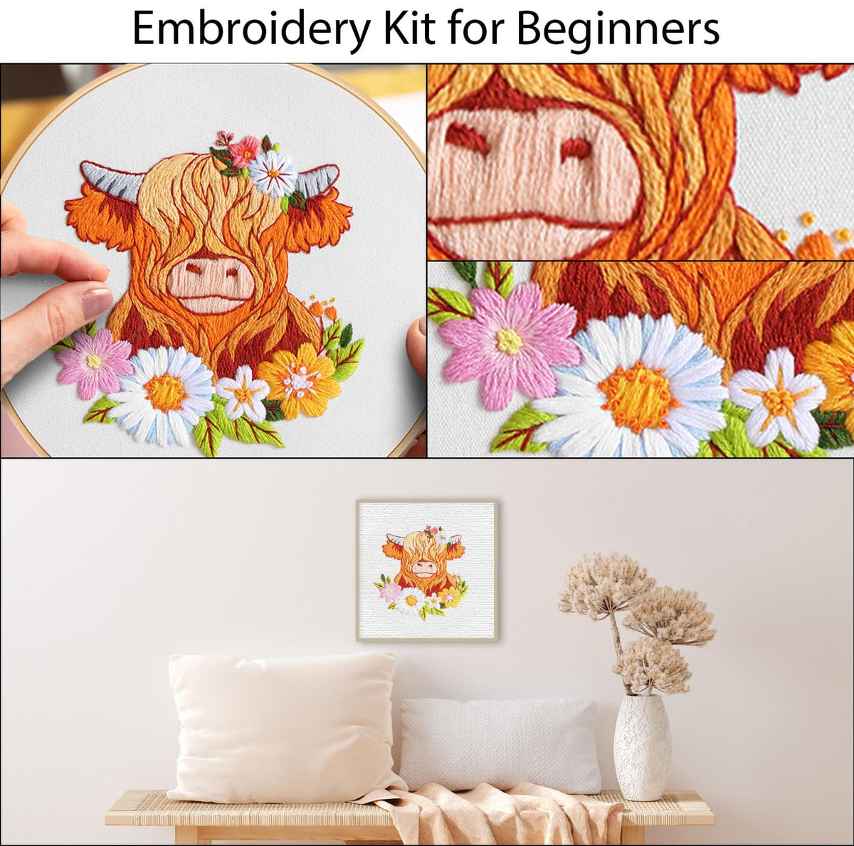 Louise Maelys Highland Cow Embroidery Kits for Beginners,Cross Stitch Kit for Adults,DIY Needlepoint for Starters Including Cloth Hoop Needles Instruction and Threads