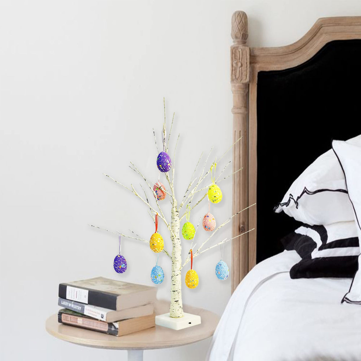 Easter Decorations kemooie 24 Inch Pre-lit White Birch Tree with 10 Hanging Easter Egg Ornaments, 24 Led Lights Battery Operated Easter Table Centerpiece for Party Birthday Home Spring Decoration