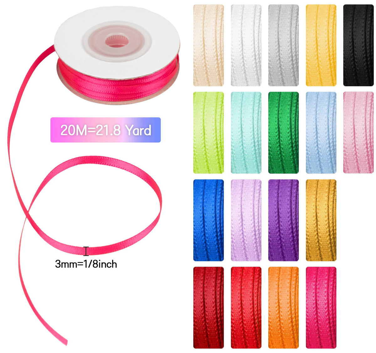 18 Colors Double Faced Satin Ribbon Polyester,1/8 inch Solid Fabric Ribbon Roll for Gift Wrapping, DIY Crafts, Wedding Birthday Party Decorations