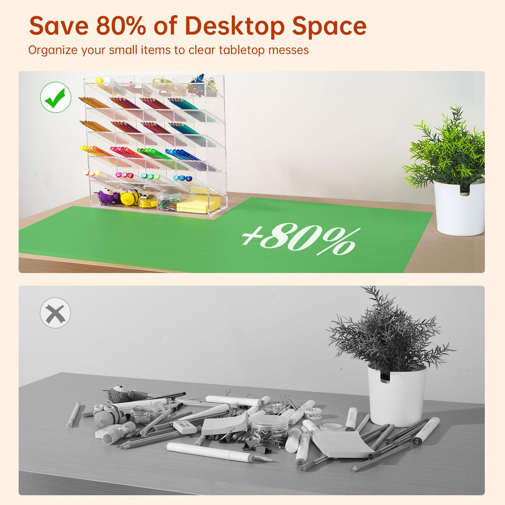 BEYGORM Acrylic Vertical Marker Organizer for 250 Markers with 21 Compartments, Clear Angled Pen & Pencil Holder, Large Desk Stationery & Art Supply Storage for Office & School (13 x 12.5 x 4 Inch)
