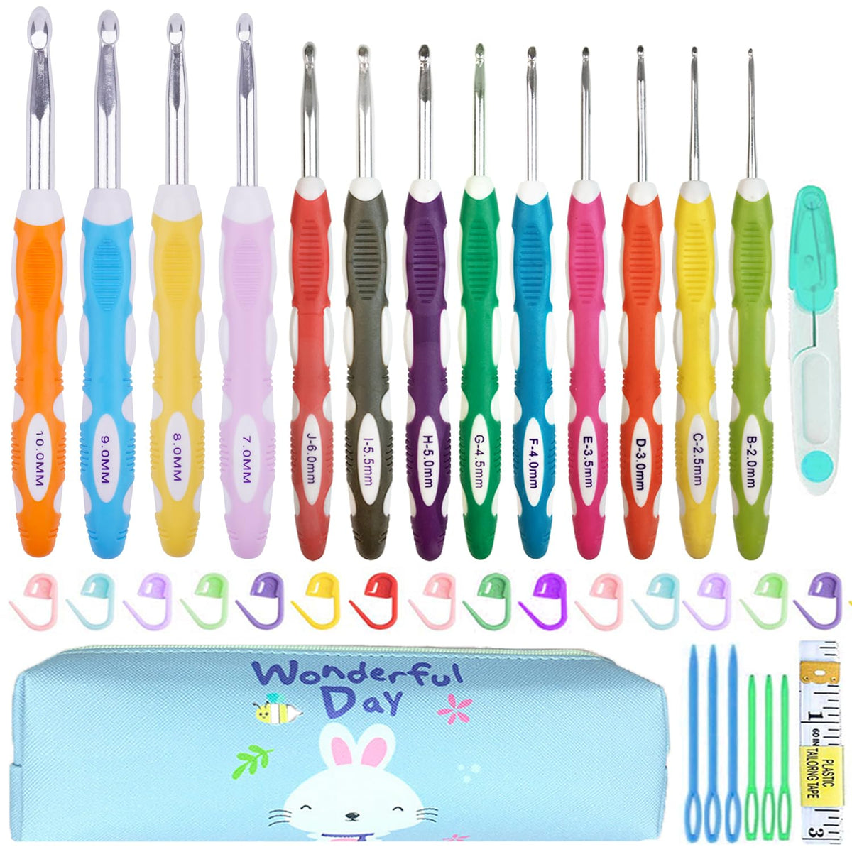Weabetfu 13 Size Crochet Hook Set,2mm(B)-10mm(N) Ergonomic Crochet Hooks with Case,Extra Long for Arthric Hands,Soft Grip Crochet Hooks Needles for Beginners&Gift