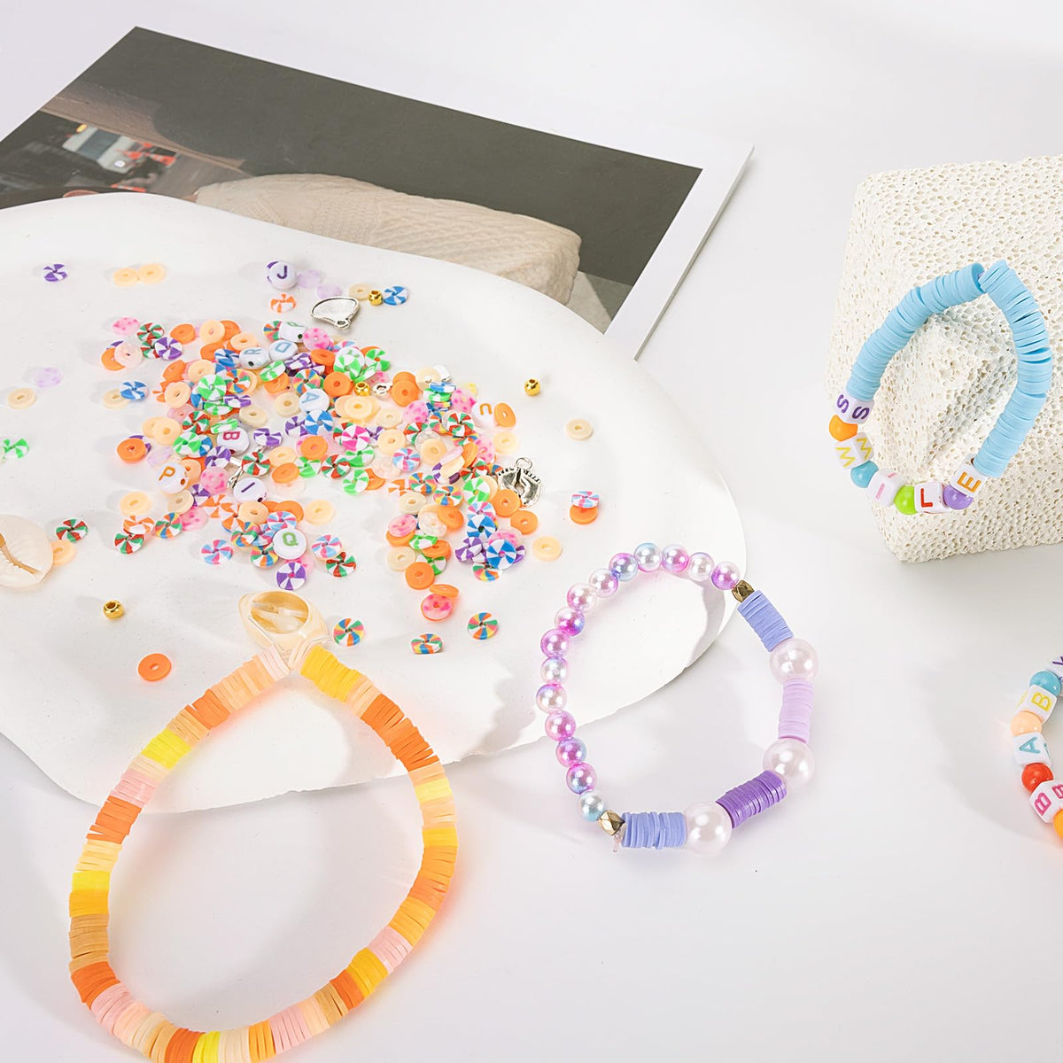 46000Pcs Clay Beads - 216Colors 10Boxes Clay Beads, 5 Styles Letter Beads,with Rich Making Accessories and 3 Rolls Crystal Cord,for Crafts