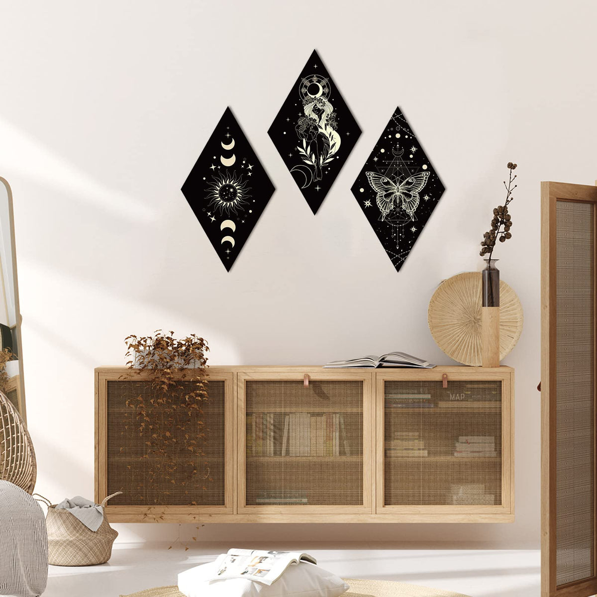 6 Pieces Boho Wall Decor Sun Moon Phases Wall Art Gothic Minimalist Stars Sun Hanging Wooden Home Decor Farmhouse Pediments for Gallery Living Bedroom Room(Boho)