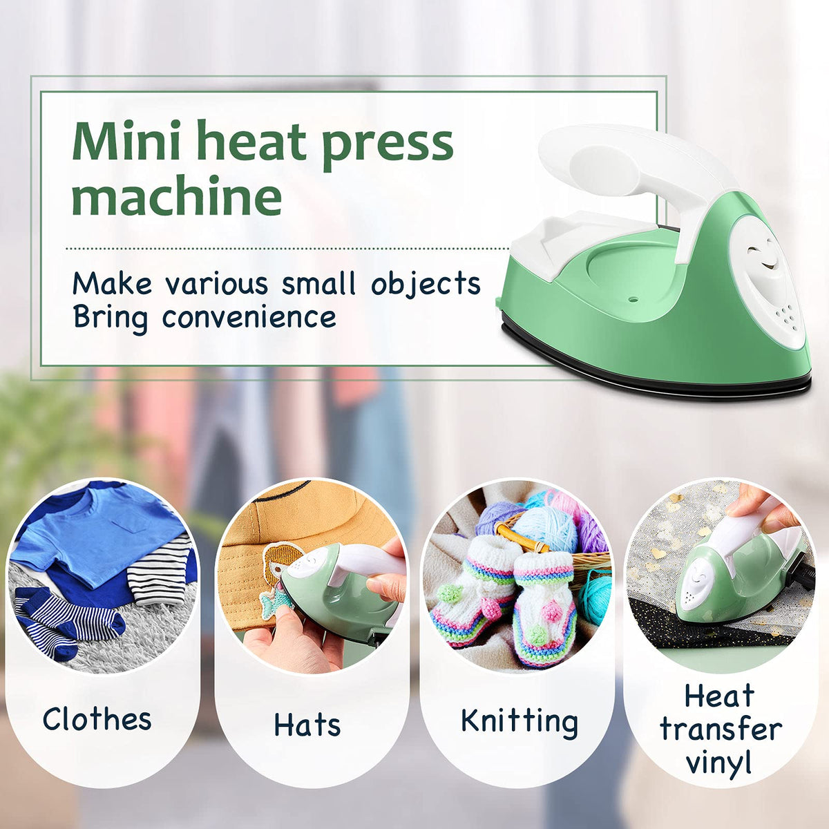 Mini Craft Iron Mini Heat Press Mini Iron Portable Handy Heat Press Small Iron with Charging Base Accessories for Beads Patch Clothes DIY Shoes T-Shirts Heat Transfer Vinyl Projects (Green)