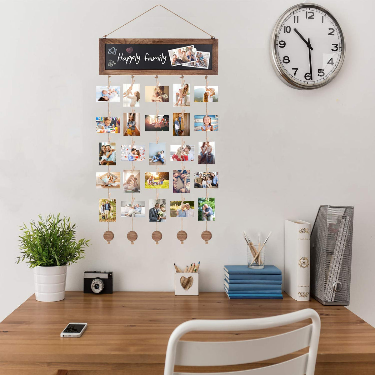 Bikoney Picture Frames Collage Photo Hanging Display Picture Board Wood Rustic Frames for Wall Decor and Dorm Room Decor with Blackboard and 30 Clips Carbonized Black