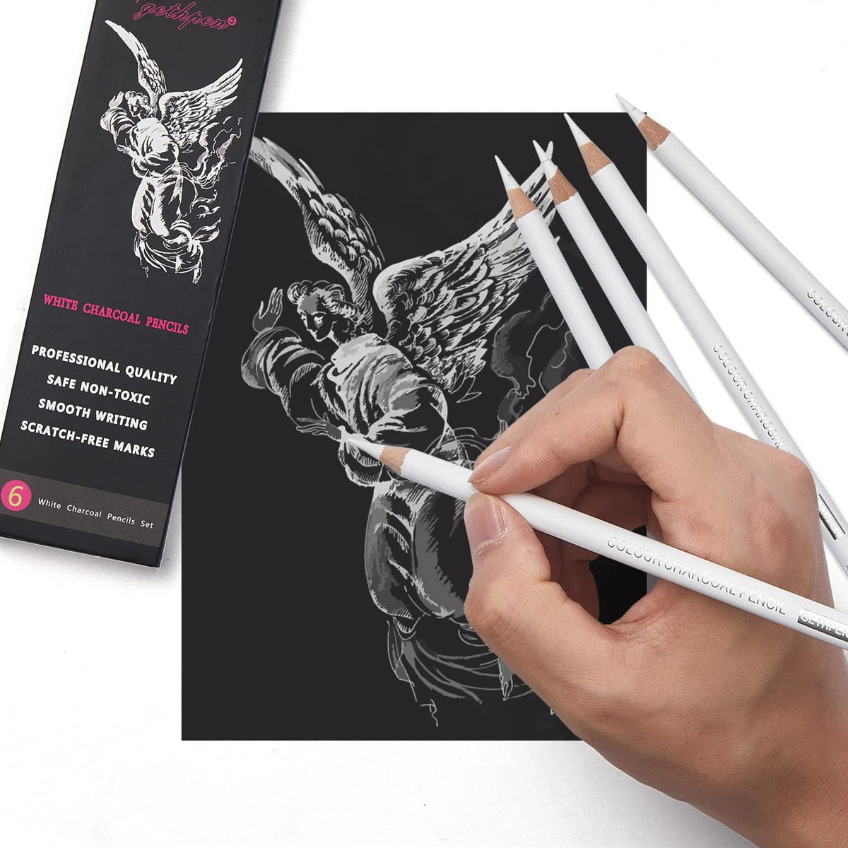 GETHPEN Professional White Charcoal Pencils Set - 6 Pieces Sketch Highlight White Pencils for Drawing, Sketching, Shading, Blending, White Chalk Pencils for Beginners & Artists