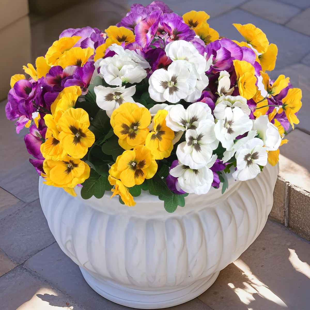 Hananona 12 Bundles Artificial Flowers Outdoor UV Resistant Artificial Silk Pansies Faux Plastic Flower in Bulk Fake Outdoor Plants(12, Yellow, White, Purple)