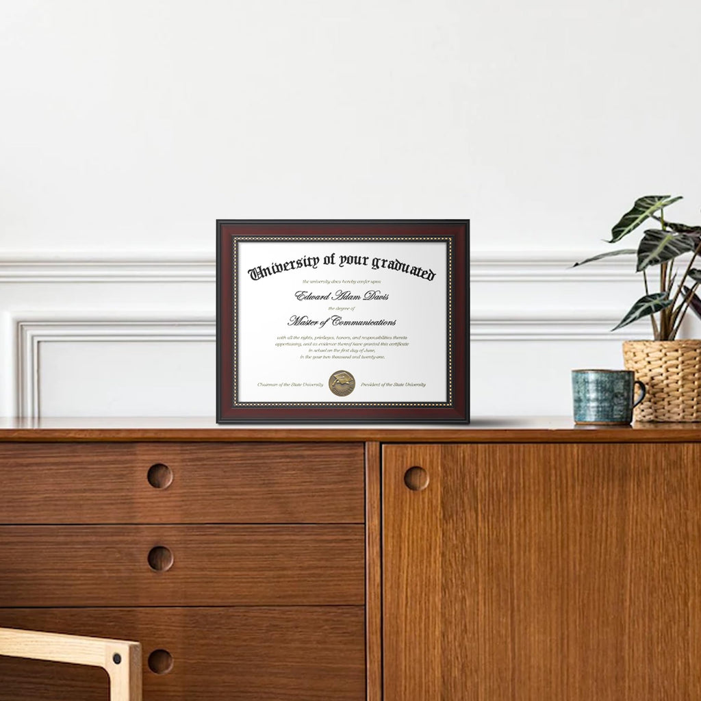 8.5x11 Diploma Certificate Frame with High Definition Glass, Degree Document Frame for Wall and Tabletop, Mahogany with Gold Beads, 1 Pack