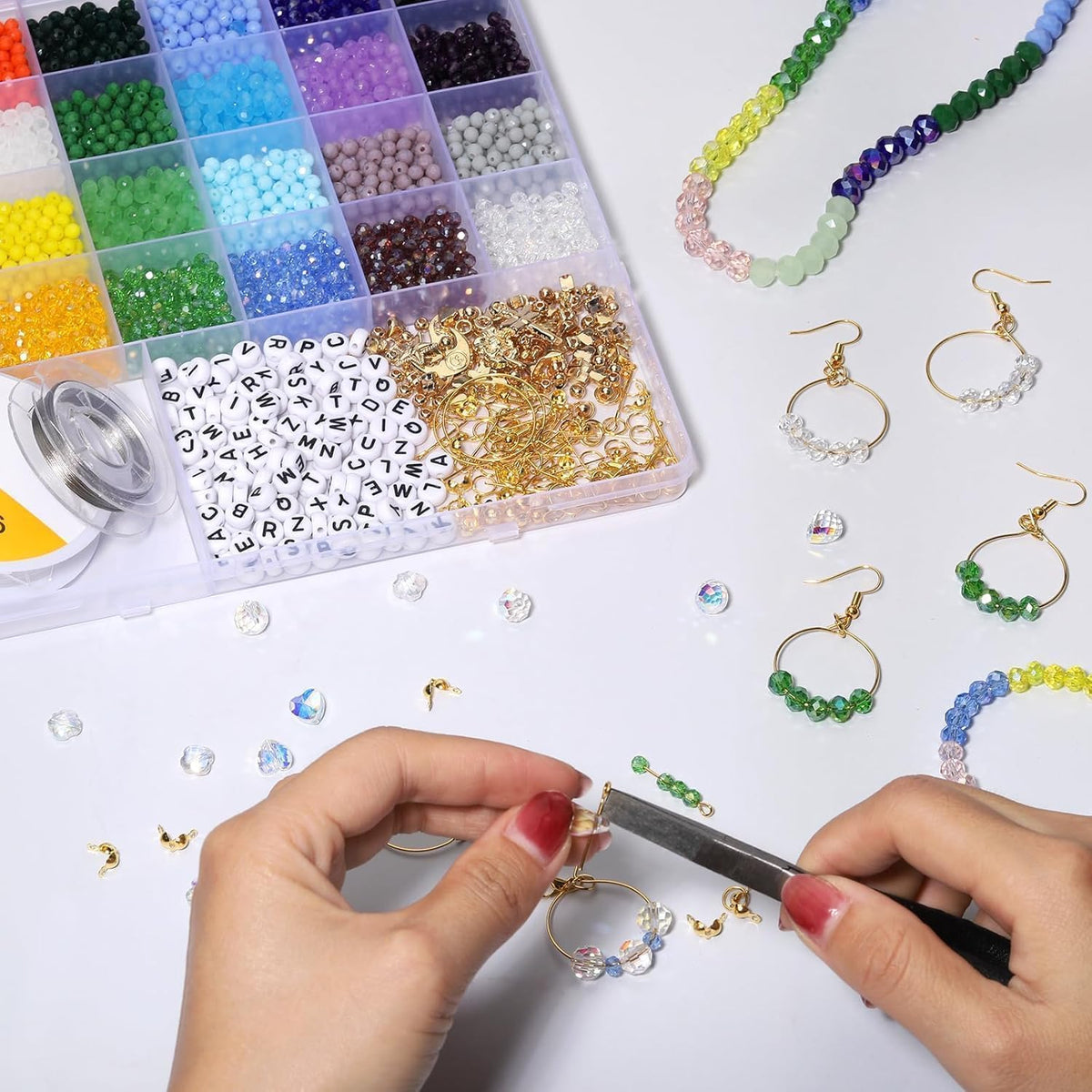 1800Pcs 4mm Glass Beads for Bracelets Jewelry Making, Faceted Bead Friendship Bracelet Kit, Rainbow Beads DIY Craft with Charms
