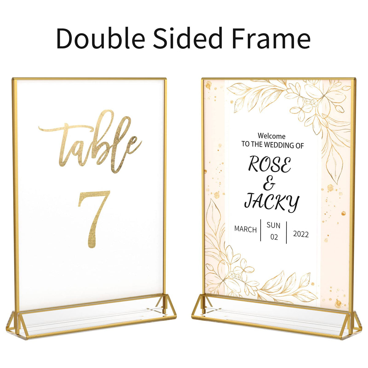 NIUBEE 6Pack 5 x 7 Clear Acrylic Wedding Table Number Holder Stands with Gold Borders, Double Sided Picture Frames Sign for Restaurant Menu Recipe Cards Photo Display
