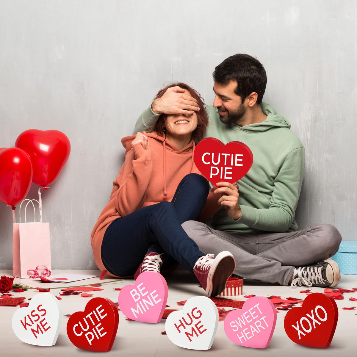 6 Pcs Valentines Day Decorations Small Heart Wood Signs Table Decor Love Candy Table Blocks Centerpiece Tiered Tray Decor for Home Office Mantel Shelf Gift