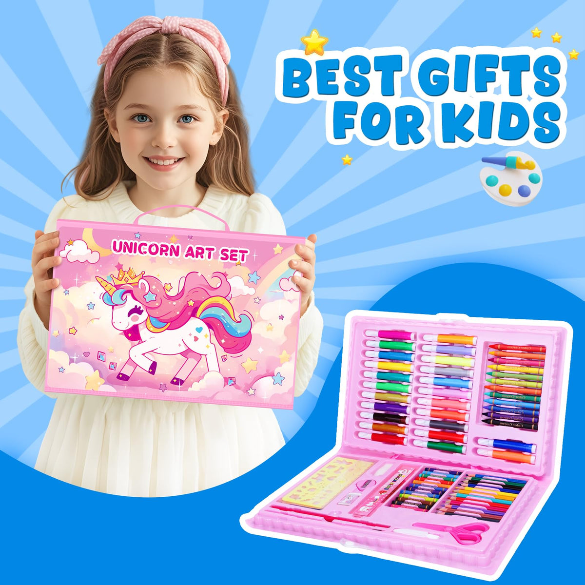 Art Supplies,Unicorn Drawing Set Coloring Kit Gift Art Box,Arts and Crafts for Kids Girls Boys with Crayon,Colored Pencil,Marker,Coloring Book,Water Cake,Stencil,Drwing Stuffs for Girls 4-10