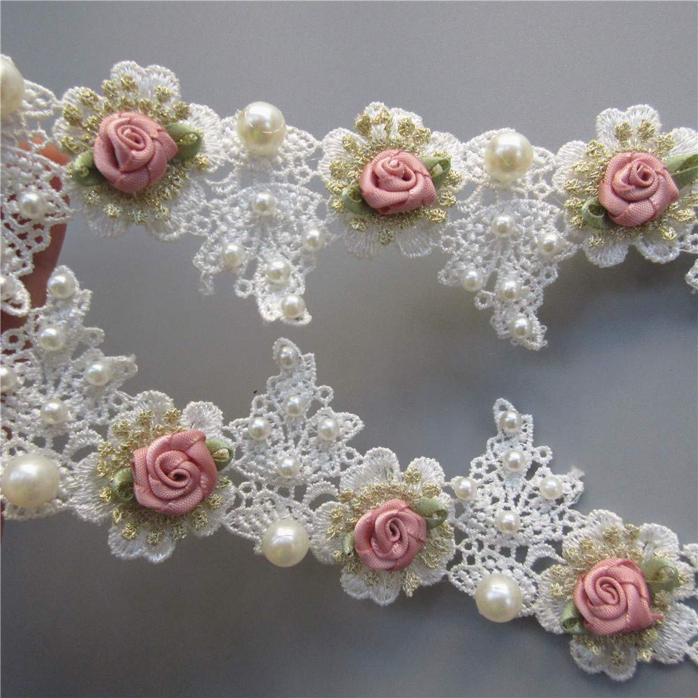 1 Yard Vintage Gold Pearl Rose Flowers Embroidered Lace Trim Fabric Floral Appliques Lace Ribbon Bridal Ornaments Handmade DIY Sewing Supplies Craft for Costume Hat Decoration 1.96" Wide